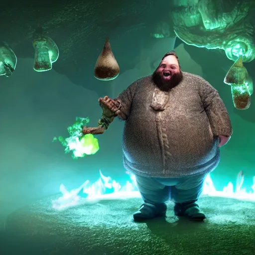 Image similar to highly detailed octane render of a short ugly fat man with a giant beard and wearing armour, goggles and a safety hat whilst laughing at a green mushroom cloud surrounded by dead insects in a cave