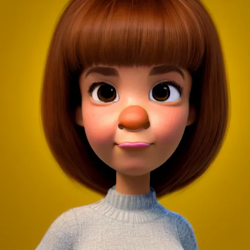 Image similar to A portrait of a plump woman, a cute 3d cgi toon woman with brown hair in a Bob, brown eyes, full face, olive skin, romanian heritage, medium shot, mid-shot, hyperdetailed, 8k, trending on artstation, as a Pixar character