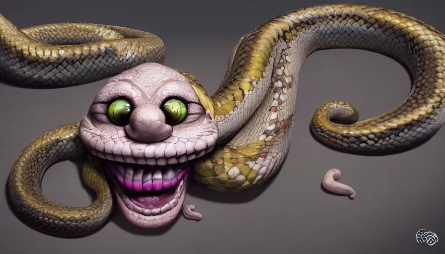 Image similar to hybrid of a [ happy snake with diamond eyeballs ] and [ sad clown ], rule of thirds, beautiful detailed face, ultra realistic, concept art, intricate details, serious, highly detailed, photorealistic, octane render, 8 k, unreal engine, detailed oil painting.