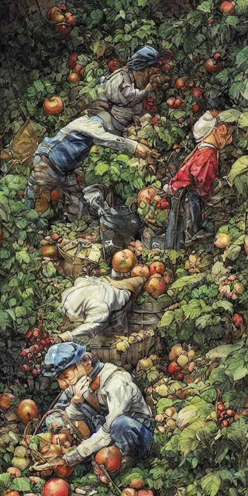 Image similar to oil painting scene from apple gardeners by kim jung gi