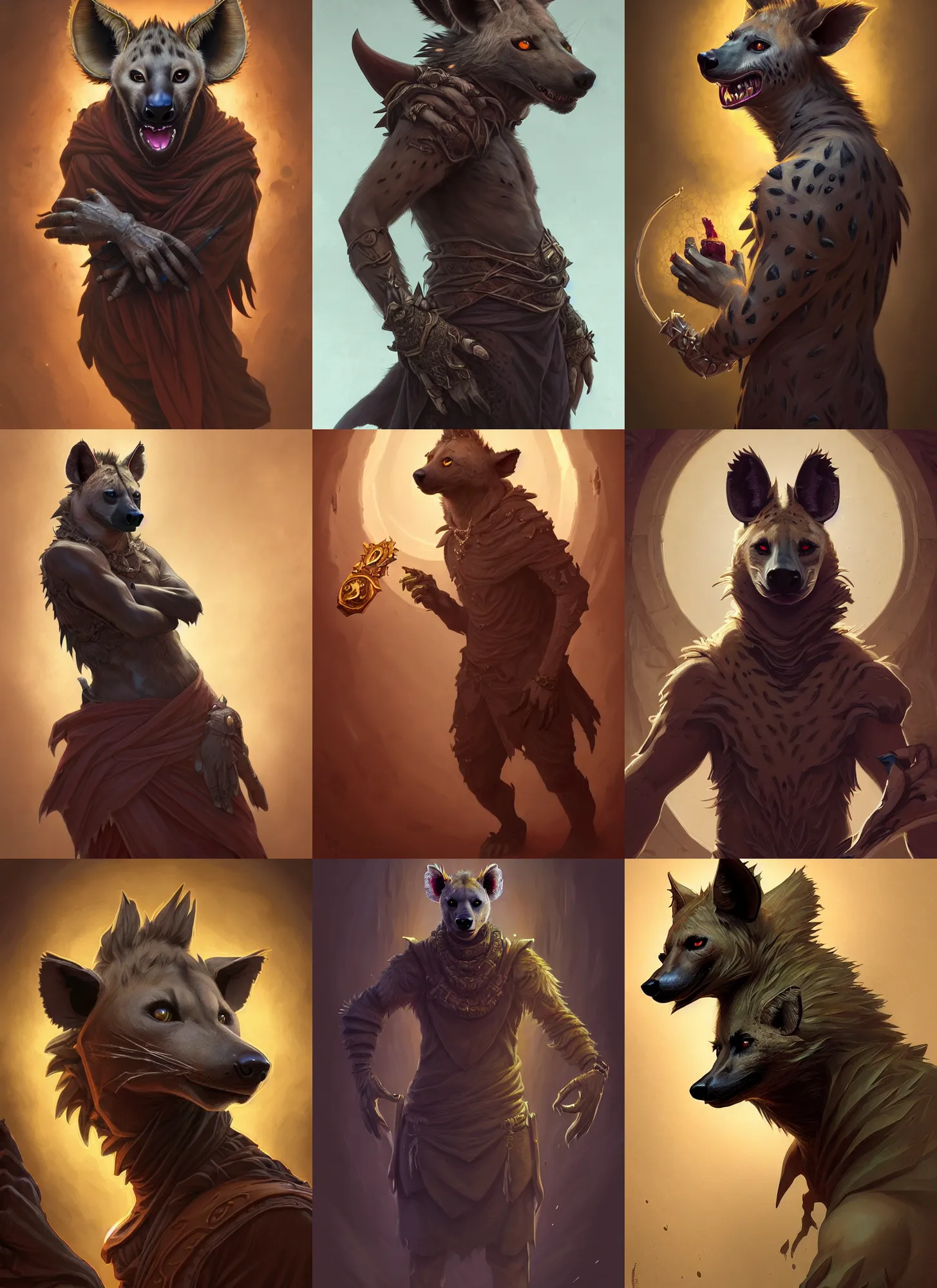 Prompt: full body photograph of a male anthropomorphic hyena fursona blood mage, deep focus, intricate, elegant, highly detailed, digital painting, artstation, concept art, matte, sharp focus, illustration, d & d, fantasy, hearthstone, art by artgerm and greg rutkowski and alphonse mucha