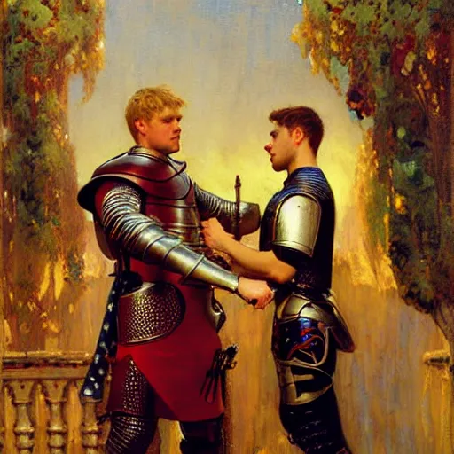 Image similar to attractive fully clothed arthur pendragon confesses his love for his attractive fully clothed male knight. highly detailed painting by gaston bussiere and j. c. leyendecker 8 k