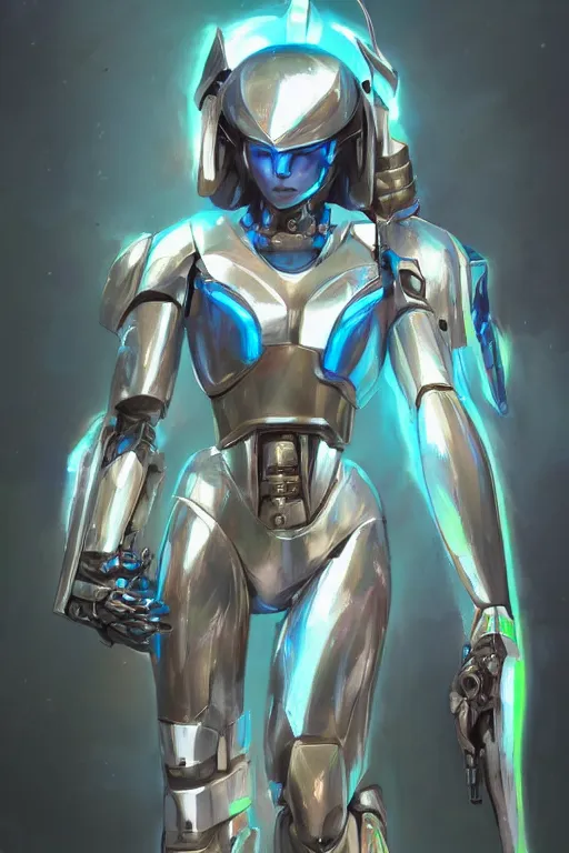 Image similar to professional painting of mecha cyber warrior princess, highly detailed digital painting artstation character concept art by artgerm and greg rutkowsi, holographic neon highlights, by Ruan Jia and Mandy Jurgens and Greg Rutkowski and Artgerm and William-Adolphe Bouguerea