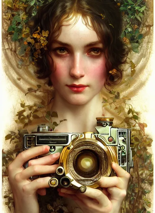 Image similar to hyper realistic photographer looking through a vintage medium format camera, design on white background, beautiful details, lush foliage cyberpunk, gold, drawn by john singer sargent, tom bagshaw, norman rockwell, alphonso mucha, lolish, trending on artstation