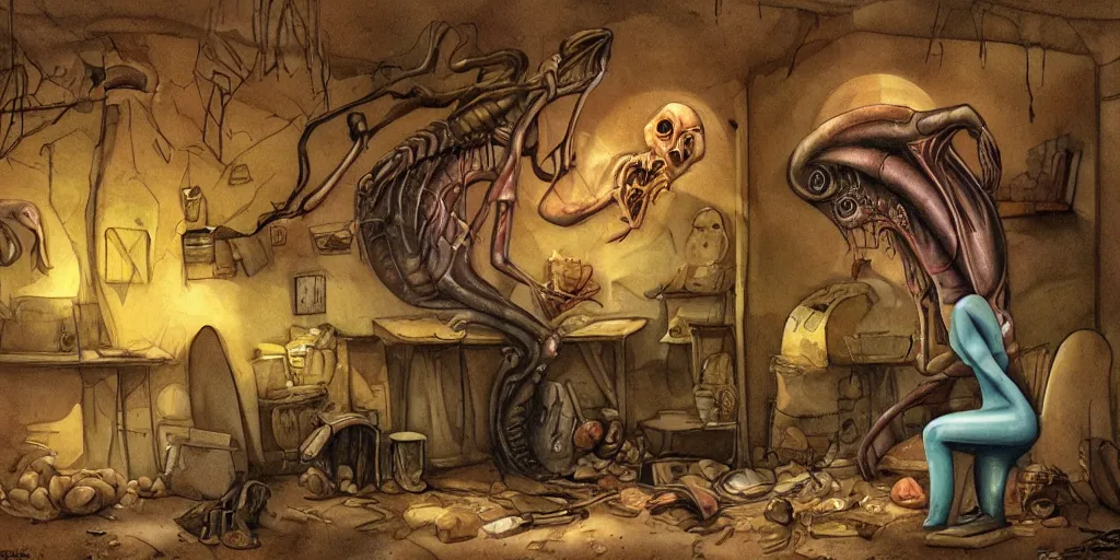 Prompt: a damp hoarders basement where a scary looking alien and a women sleep, in the style of Boris Vallejo