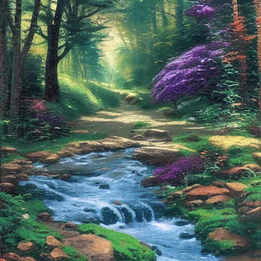 Prompt: a painting of a brook running through beautiful forest by Thomas kinkade