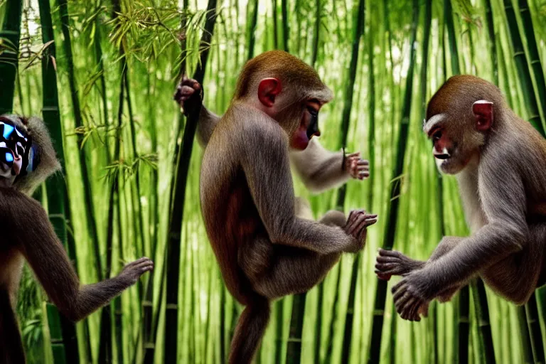 Prompt: cinematography closeup portrait of monkeys dancing in a bamboo forest, natural light by Emmanuel Lubezki