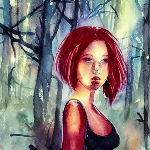 Image similar to “album cover redhead girl in a magic forest painted with watercolor in cyberpunk style”