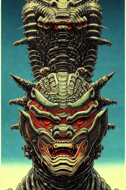 Image similar to japanese oni, character portrait, portrait, close up, concept art, intricate details, highly detailed, soft light, vintage sci - fi poster, in the style of chris foss, rodger dean, moebius, michael whelan, and gustave dore