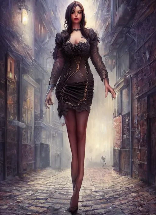 Image similar to a beauty woman walking on a dark city alley, full body, 8 k, hyperrealistic, hyperdetailed, fantasy portrait by laura sava