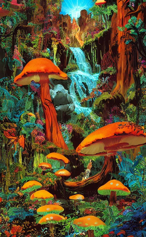 Image similar to psychedelic mushrooms, enchanted forest, waterfall, wide angle shot, vector art, illustration by frank frazetta and salvador dali