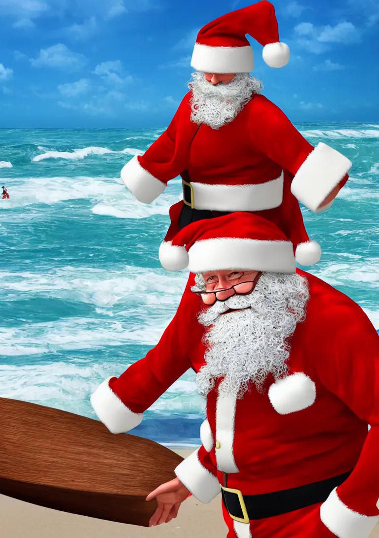 Image similar to portrait of santa claus wearing shorts surfing on the beach, 3d rendering of photo realistic image, super detailed, 4K,cinematic look