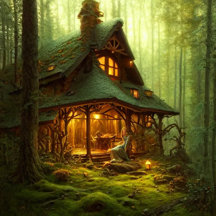 Image similar to cozy cabin in an ancient forest , diffuse lighting, fantasy, intricate, elegant, highly detailed, lifelike, photorealistic, digital painting, artstation, illustration, concept art, smooth, sharp focus, art by John Collier and Albert Aublet and Krenz Cushart and Artem Demura and Alphonse Mucha