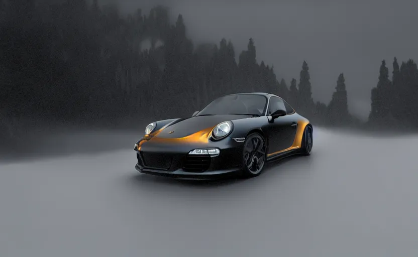 Prompt: a black Porsche 911 in the mountain at night by Khyzyl Saleem, cyan headlights, night time, lightning, heavy storm, atmospheric, artstation, concept art, illustration, sharp focus, high detail, octane render, RTX, water reflections, intimidating