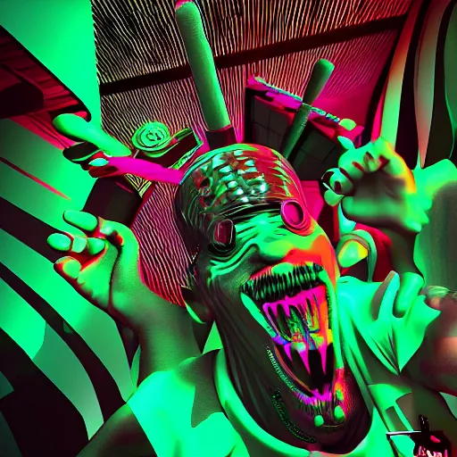 Prompt: 3 d render of a psychopath at a rave, digital art, bizarre, insane, hyper detailed, synthwave