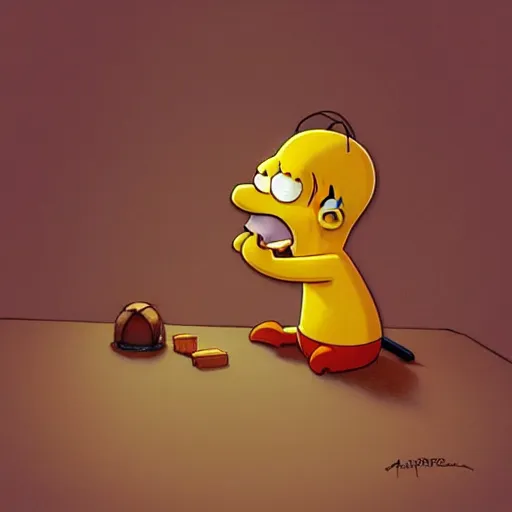 Image similar to Homer Simpson is just a cute little mouse, just a cute little thing, mouse body, high focus, wood paneling, warm lighting, by Artgerm and greg rutkowski, deviantart