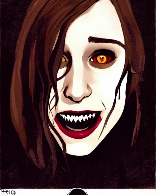Image similar to in the style of Rafael Albuquerque comicbook art and Joshua Middleton, moody lighting, beautiful evil vampire Taissa Farmiga sharp bloody vampire fangs, evil smile showing fangs, symmetrical eyes, realistic face, symmetrical face, brown leather jacket, jeans, long black hair, full body