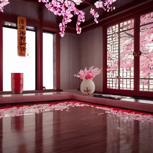 Image similar to shintoist temple interior, detailed, jewelry, sakura,photograph, award wining, red and white, trending on artstation, 4k, unreal engine 5, octane render, neon highlights