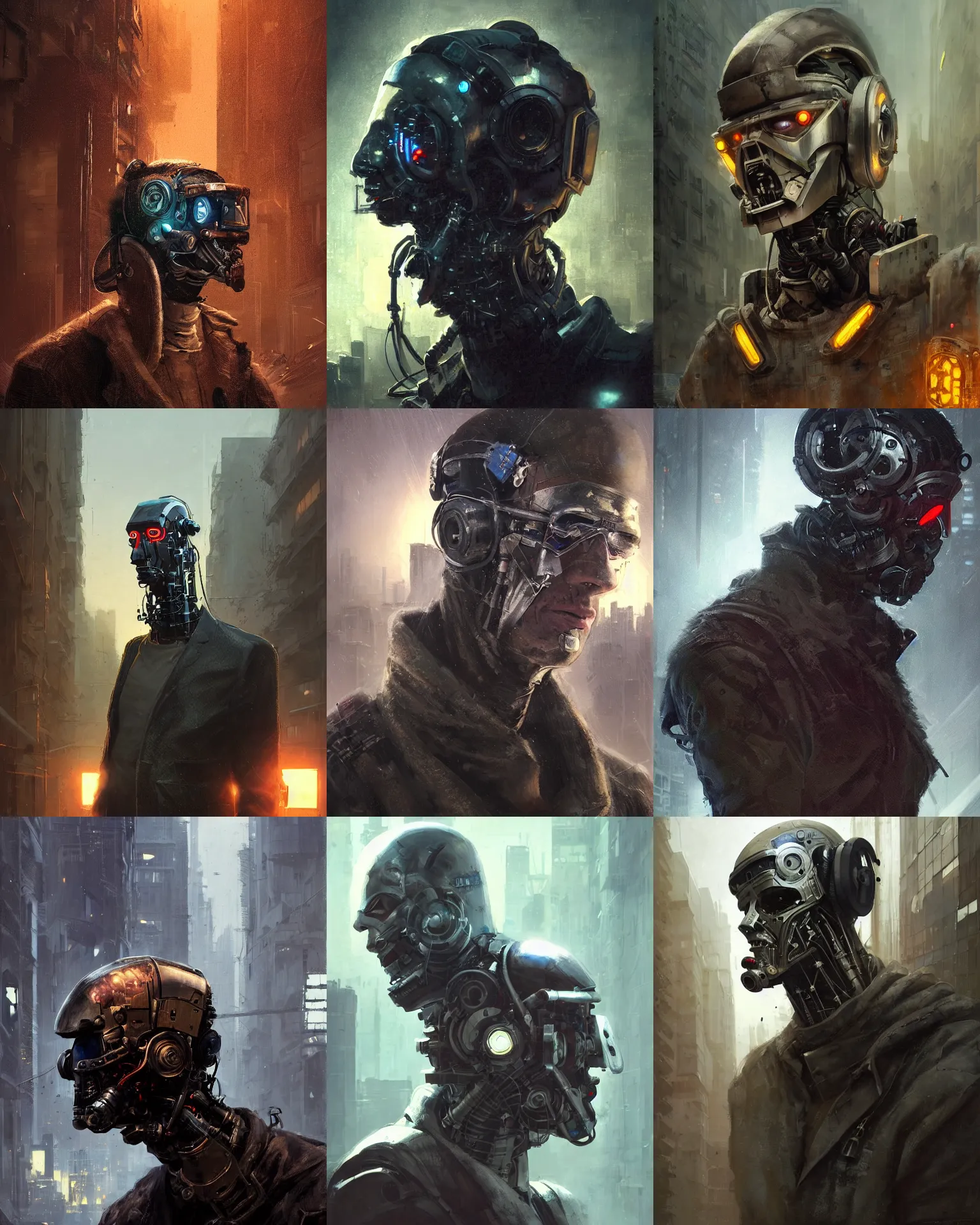 Image similar to a masked rugged engineer man with cybernetic enhancements lost in the city, scifi character portrait by greg rutkowski, esuthio, craig mullins, 1 / 4 headshot, cinematic lighting, dystopian scifi gear, gloomy, profile picture, mechanical, half robot, implants, dieselpunk