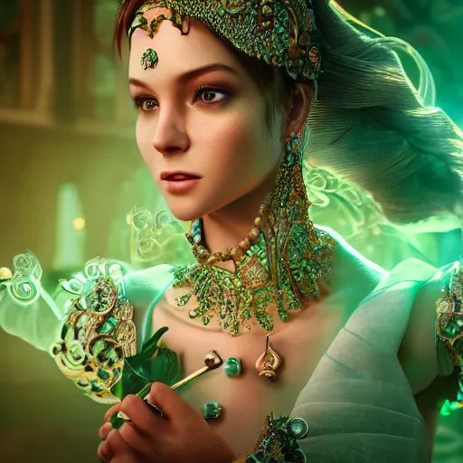 Image similar to photograph of wonderful princess with smooth fair skin, green jewelry, breathtaking, elegant, ornate, intricate, hyper detailed, accent lighting, dramatic light, 4 k octane render