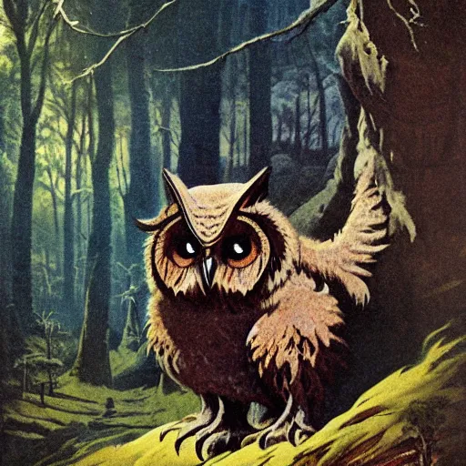 Prompt: three quarter portrait of an owlbear in the forest, d & d, fantasy, frank frazetta,