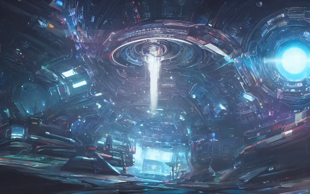 Image similar to multi dimensional transporter gate in space inside a bustling space bazaar, concept art, digital art, illustration, sharp focus, octane render, by julian calle, trending on artstation