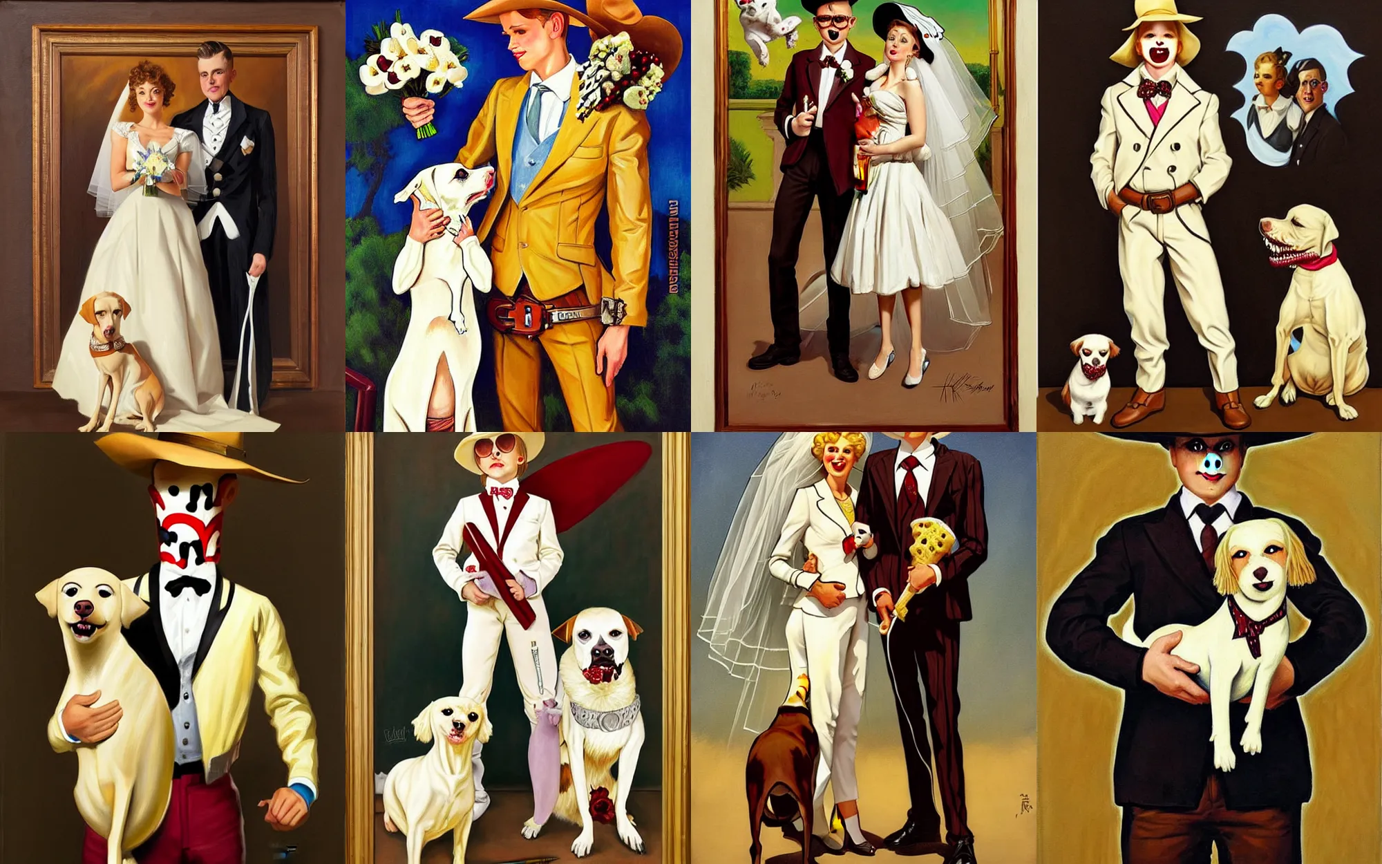 Prompt: stylish painting of the Milkybar kid marrying undead dog. In the style of JC Leyendecker