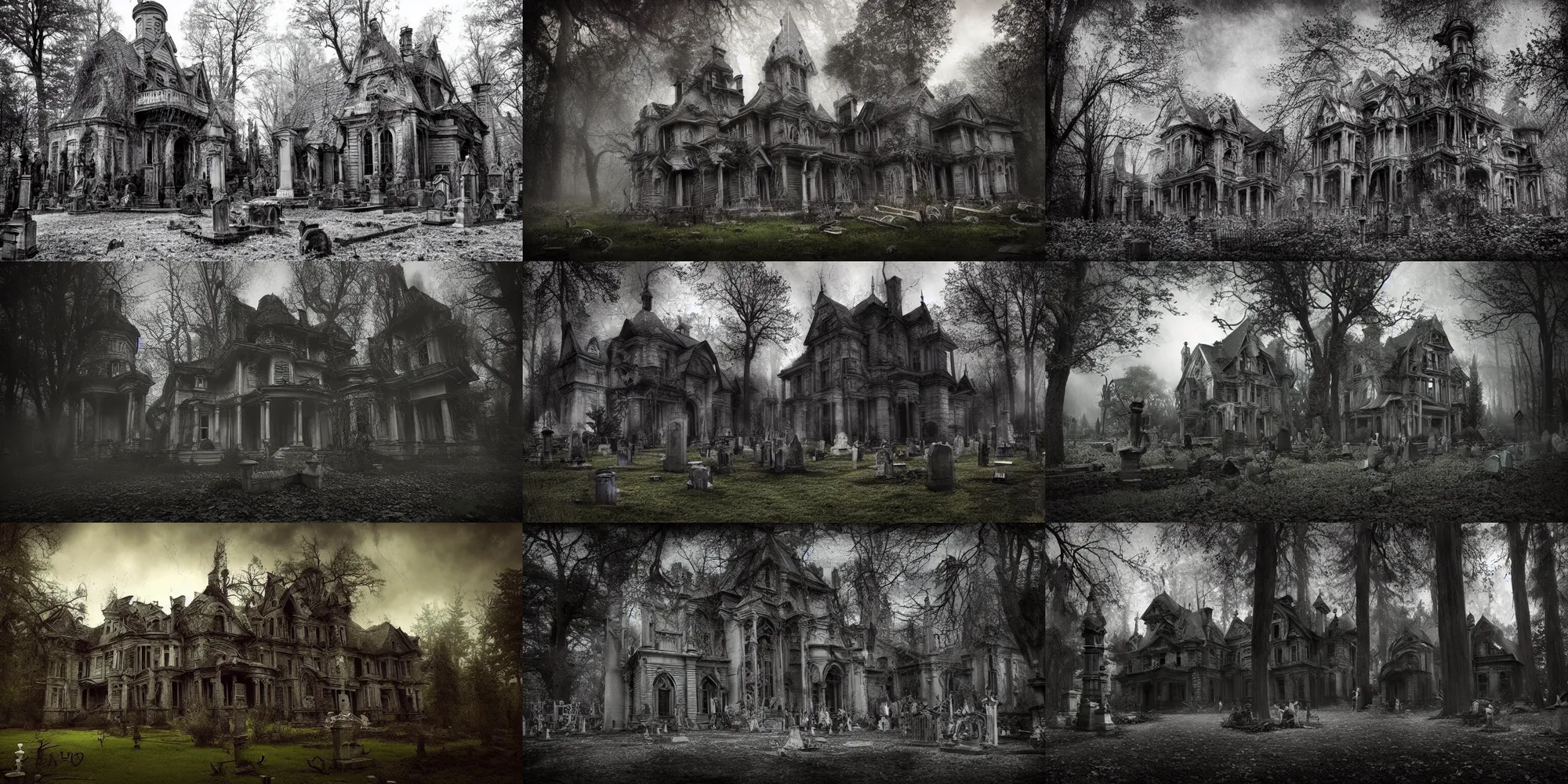 Prompt: A creepy haunted mansion in the forest, hyper realistic, graveyard, tombstones, bones, moody, creepy, horror, omnious, eerie