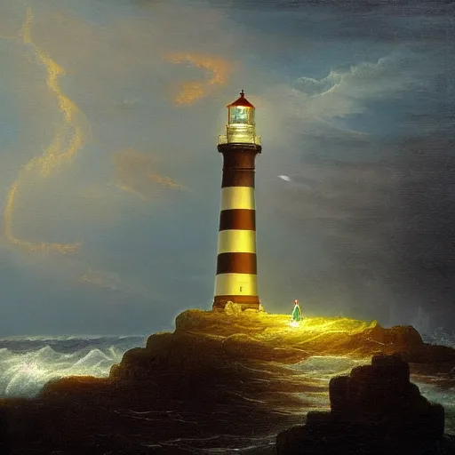 Prompt: painting of light house rocky coast stormy seas night time lighthouse illuminating the dark volumetric lighting in the style of thomas cole course of empires