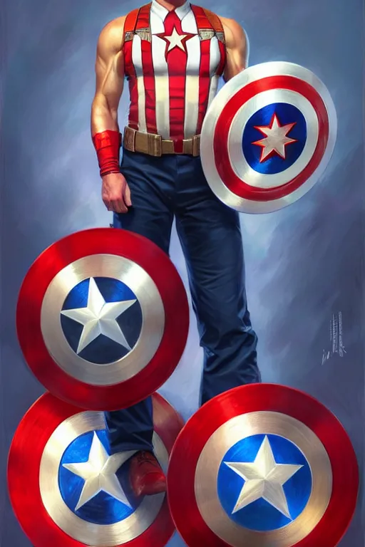 Image similar to hyperrealistic full body concept art of Donald Trump as Captain America, oil on canvas, in the style of J.C. Leyendecker, Ross Tran and WLOP, 4k, smooth, sharp focus, extremelydetailed