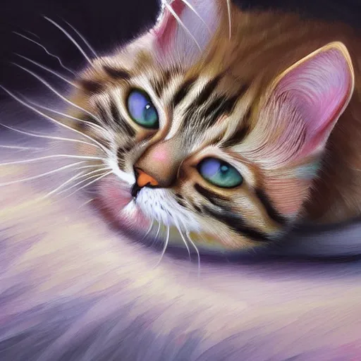 Image similar to a painting of cute tabby cat laying on the ground, a digital painting by nyuju stumpy brown, featured on pixiv, furry art, detailed painting, digital painting, speedpainting