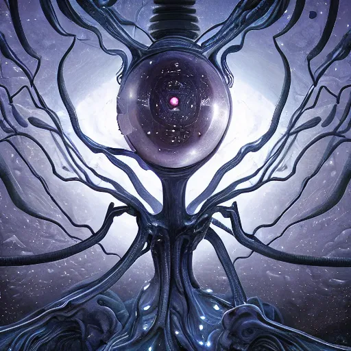 Prompt: immortal neuron, alien room, intricate, scifi, unique landscape, highly detailed, singularity, cybernetic, energy spheres, visible space, holy place, thought provoking, masterpiece, digital painting, artstation, concept art, smooth, sharp focus, highly detailed, art by roberto digiglio and furio tedeschi and filippo ubertino