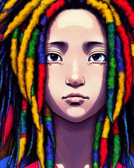 Image similar to portrait Anime 1984 Rasta Girl wearing-rasta-clothes Soft fine face pretty face, realistic shaded Perfect face, fine details. Anime. background: Los-Angeles San-Francisco; hyperrealistic by Ilya Kuvshinov katsuhiro otomo ghost-in-the-shell, magali villeneuve, artgerm, rutkowski Jeremy Lipkin and Giuseppe Dangelico Pino and Michael Garmash and Rob Rey