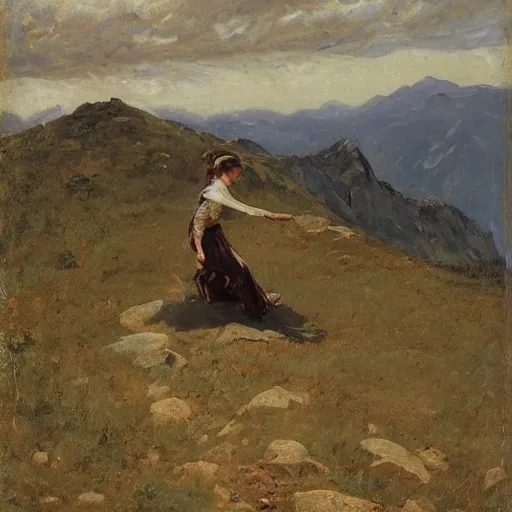 Prompt: woman in torn clothes climbing a mountain by alfred stevens