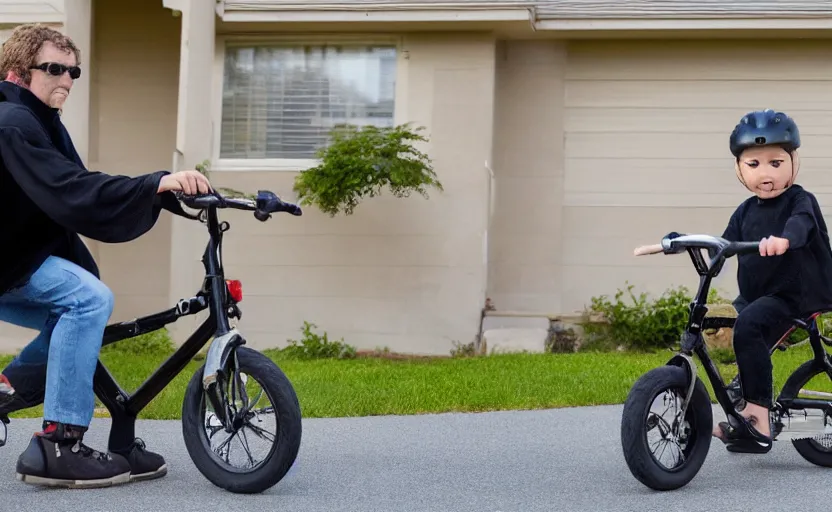 Prompt: Darth riding his child sized bike in front of his home, 8k