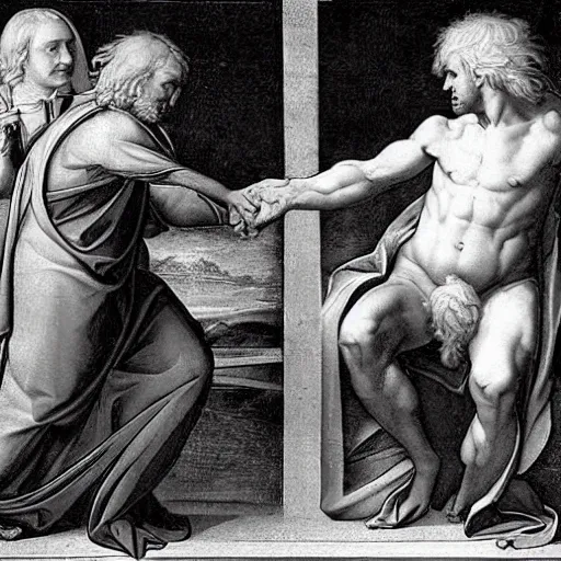 Image similar to creation of adam with boris johnson, renaisance style