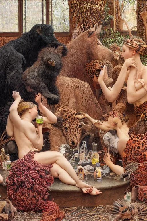 Image similar to a group of animals having a drink together by frantisek kupka, intricate, miles johnston, kuroda seiki, cynical realism, ozabu, john william godward, painterly, yoshitaka amano, moebius, miles johnston, louise zhang, james jean, mark ryden