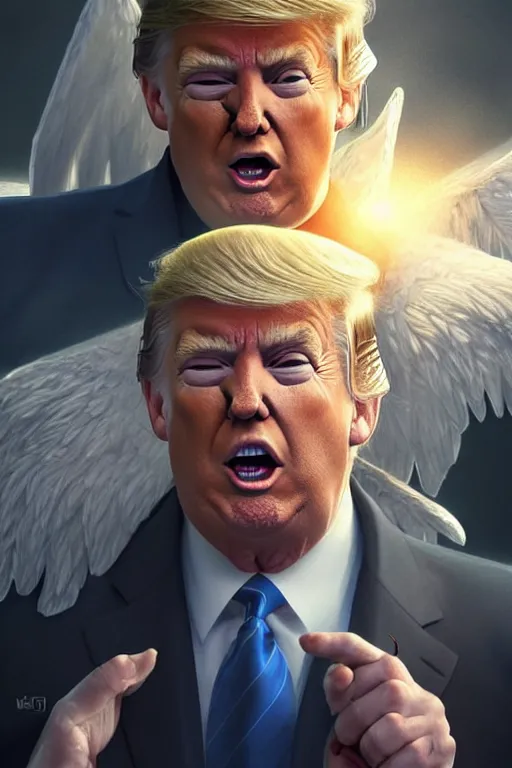 Image similar to donald trump as an angel, anatomy, bathed in light, highly detailed, photorealistic, artstation, smooth, sharp focus, illustration, unreal engine 5, 8 k, art by artgerm and greg rutkowski and edgar maxence