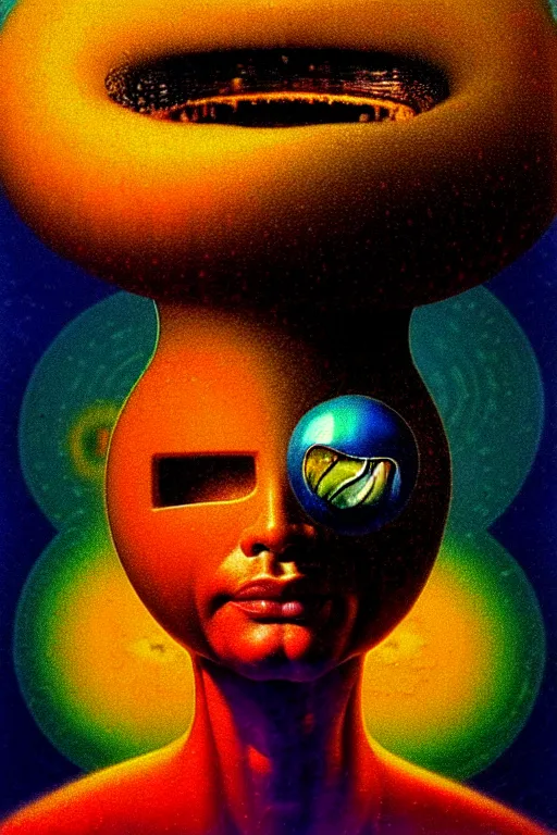 Image similar to 8 0 s art deco close up portait of mushroom head with big mouth surrounded by spheres, rain like a dream oil painting curvalinear clothing cinematic dramatic cyberpunk textural fluid lines otherworldly vaporwave interesting details fantasy lut epic composition by basquiat zdzisław beksinski james jean artgerm rutkowski moebius francis bacon gustav klimt