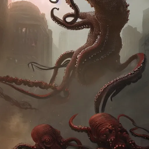 Prompt: ted cruz as a hideous octopus monster, destroys a city, greg rutkowski