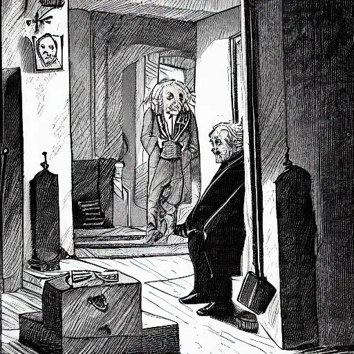 Image similar to albert einstein waiting downstairs for albert einstein who fell from the minaret, comic, high detailed, cartoon