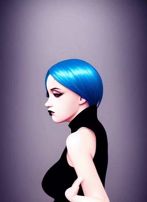 Prompt: hyper realistic photograph portrait of pretty girl with blue hair, wearing a little black dress, dramatic lighting by ilya kuvshinov
