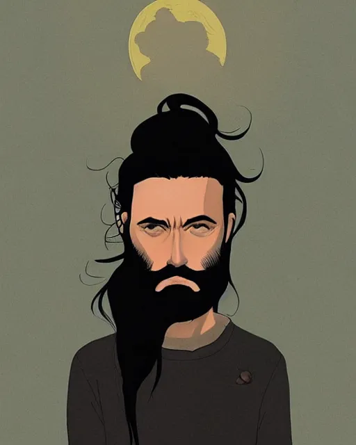 Prompt: portrait of an unkle blue moon with long black hair and beard, by tomer hanuka