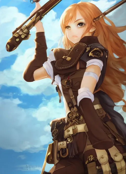 Prompt: girl with steampunk weapons and uniform, serious, finely detailed, made by artgerm, ross tran, full body portrait, illustration, grass, sunny, sky, anime, side view, perfect anime face, realistic face, zoomed out, smooth, brown eyes, high waisted shorts