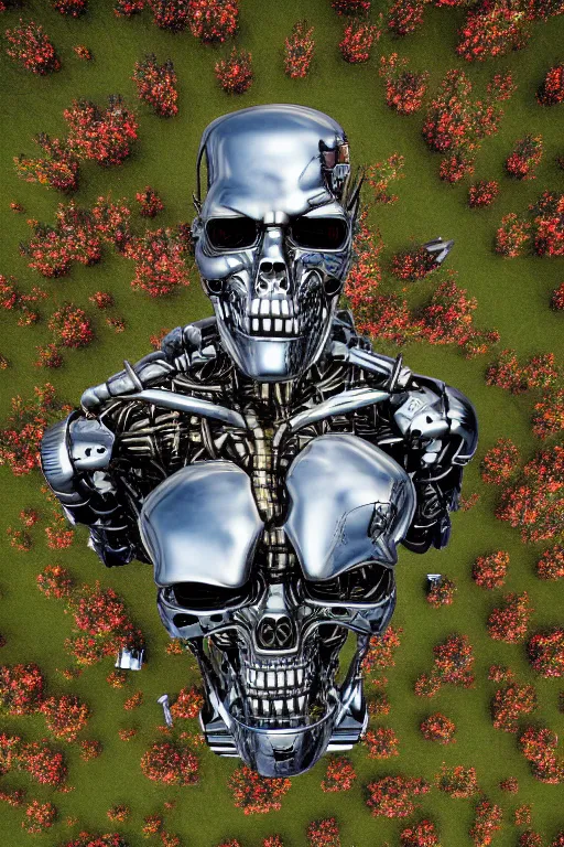 Image similar to destroyed combat terminator lying in a field of flowers, twisted metal, chrome, reflections, earth, terrible, anthropomorphic, photorealism, smoke, metal, 8 k, surreal, wires, wild flowers, greenery, top view, extremely detailed, ultra - realism, cinematic light, epic, art by jeff koons, artgerm and greg rutkowski