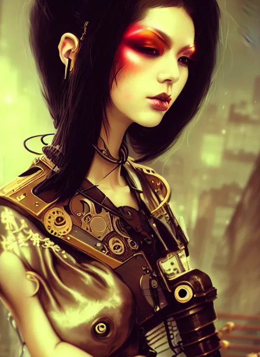 Image similar to soft lustrous ebony geisha seductive raver gutter punk steampunk cyborg, golden ratio, details, scifi, fantasy, cyberpunk city, intricate, decadent, highly detailed, octane render, digital painting, artstation, concept art, sharp focus, illustration, art by artgerm, loish, wlop