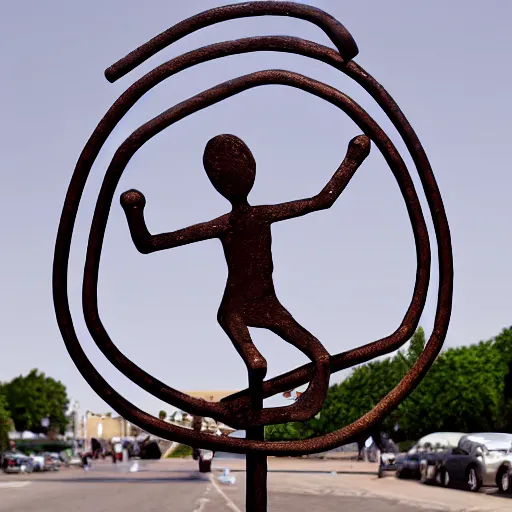 Image similar to high resolution photograph of a bronze cast stick figure sculpture in a roundabout