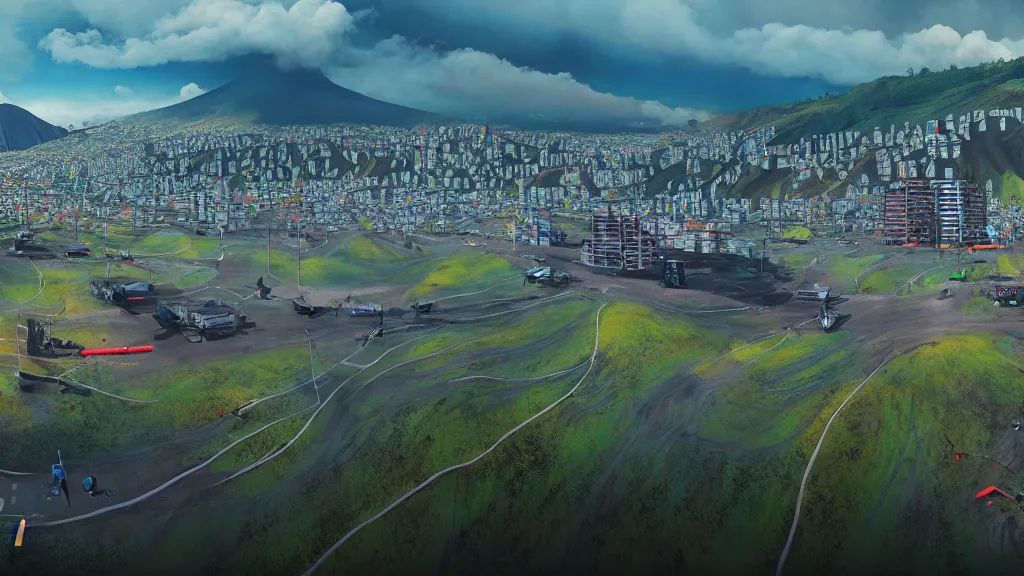 Prompt: Nuclear Nature Solarpunk harmony; Drone shots of Quito, Ecuador; by Simon Stålenhag, oil on canvas; Art Direction by James Cameron; 4K, 8K; Ultra-Realistic Depth Shading