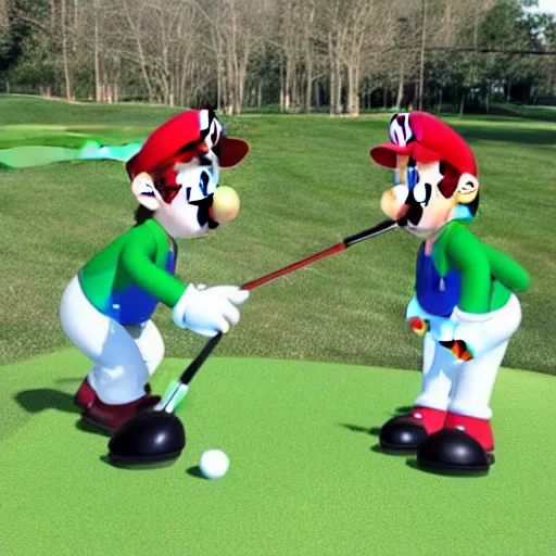 Prompt: Mario and Luigi playing golf together