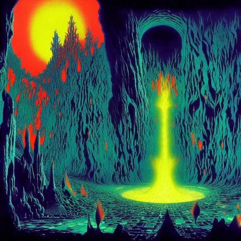 Image similar to the kiln of the first flame from dark souls 3, infinite fractal tesseract, quantum waves, synthwave, bright neon colors, highly detailed, cinematic, eyvind earle, tim white, philippe druillet, roger dean, ernst haeckel, lisa frank, aubrey beardsley, kubrick